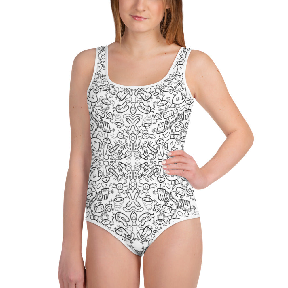 Simple doodles having great fun in a cool pattern design All-Over Print Youth Swimsuit. Front view