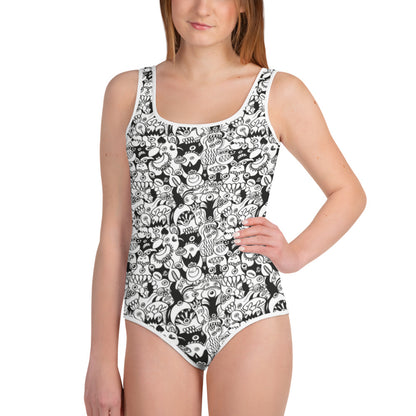 Black and white cool doodles art All-Over Print Youth Swimsuit. Front view