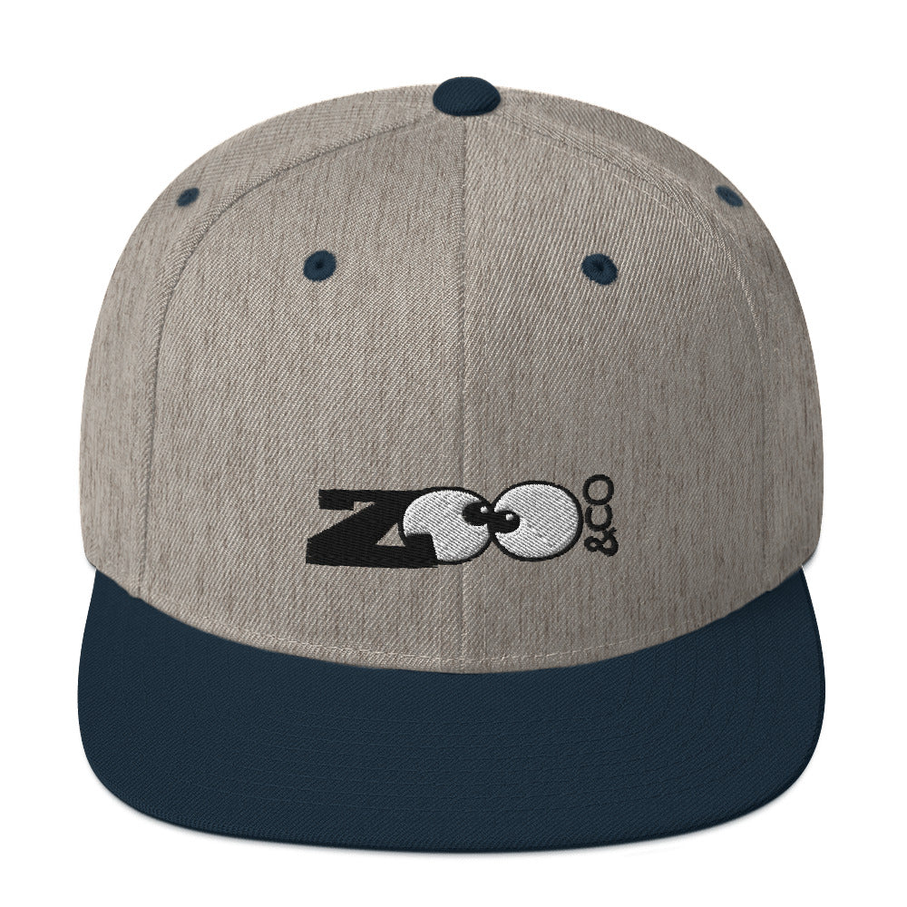 Zoo&co branded Snapback Hat. Heather grey navy. Front view