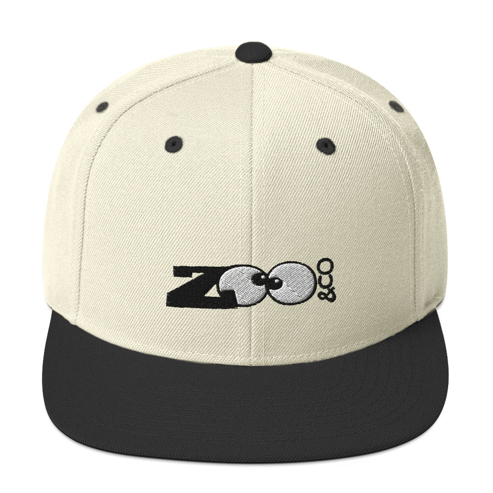 Zoo&co branded Snapback Hat. Natural black. Front view