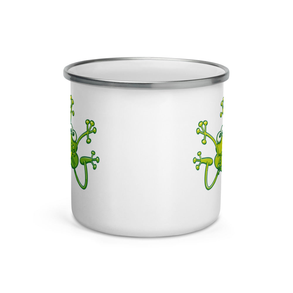 Frogs madly in love kissing sweetly Enamel Mug. 12 oz. Front view