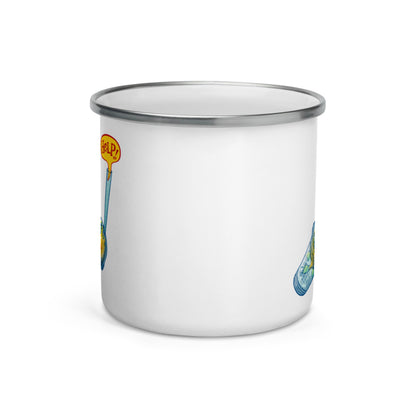 Puffer fish in trouble asking for help while trapped in a plastic bottle Enamel Mug. 12 oz. Front view