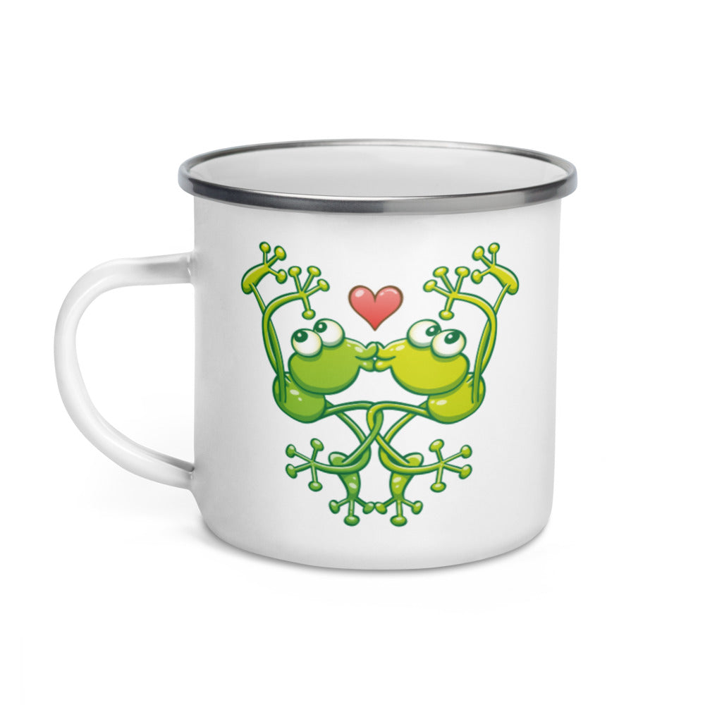 Cute frogs acrobatic kiss Enamel Mug. 12 oz. Handle on left