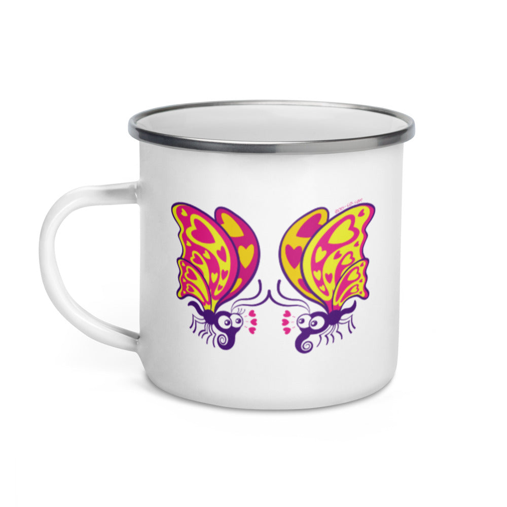 Beautiful butterflies falling in love Enamel Mug. 12 oz. Handle on left