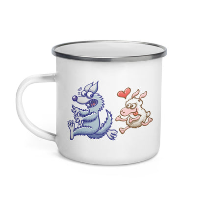 Sheep in love running after a wolf Enamel Mug. 12 oz. Handle on left