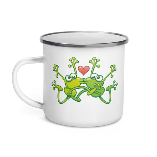 Frogs madly in love kissing sweetly Enamel Mug. 12 oz. Handle on left