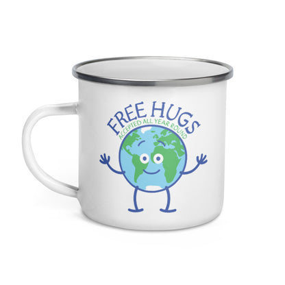 Planet Earth accepts free hugs all year round Enamel Mug. Handle on left
