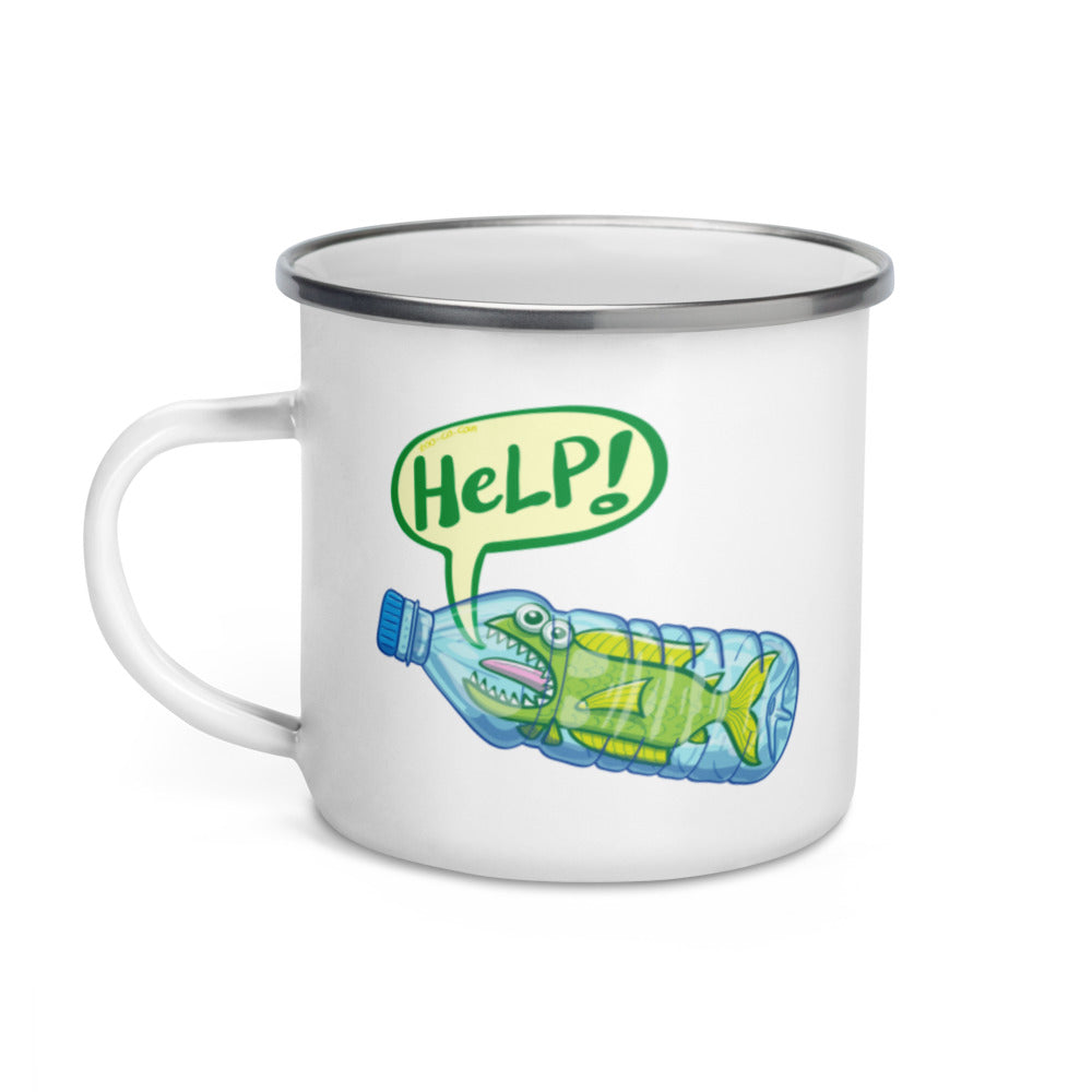 Fish in trouble asking for help while trapped in a plastic bottle Enamel Mug. 12 oz. Hold on left