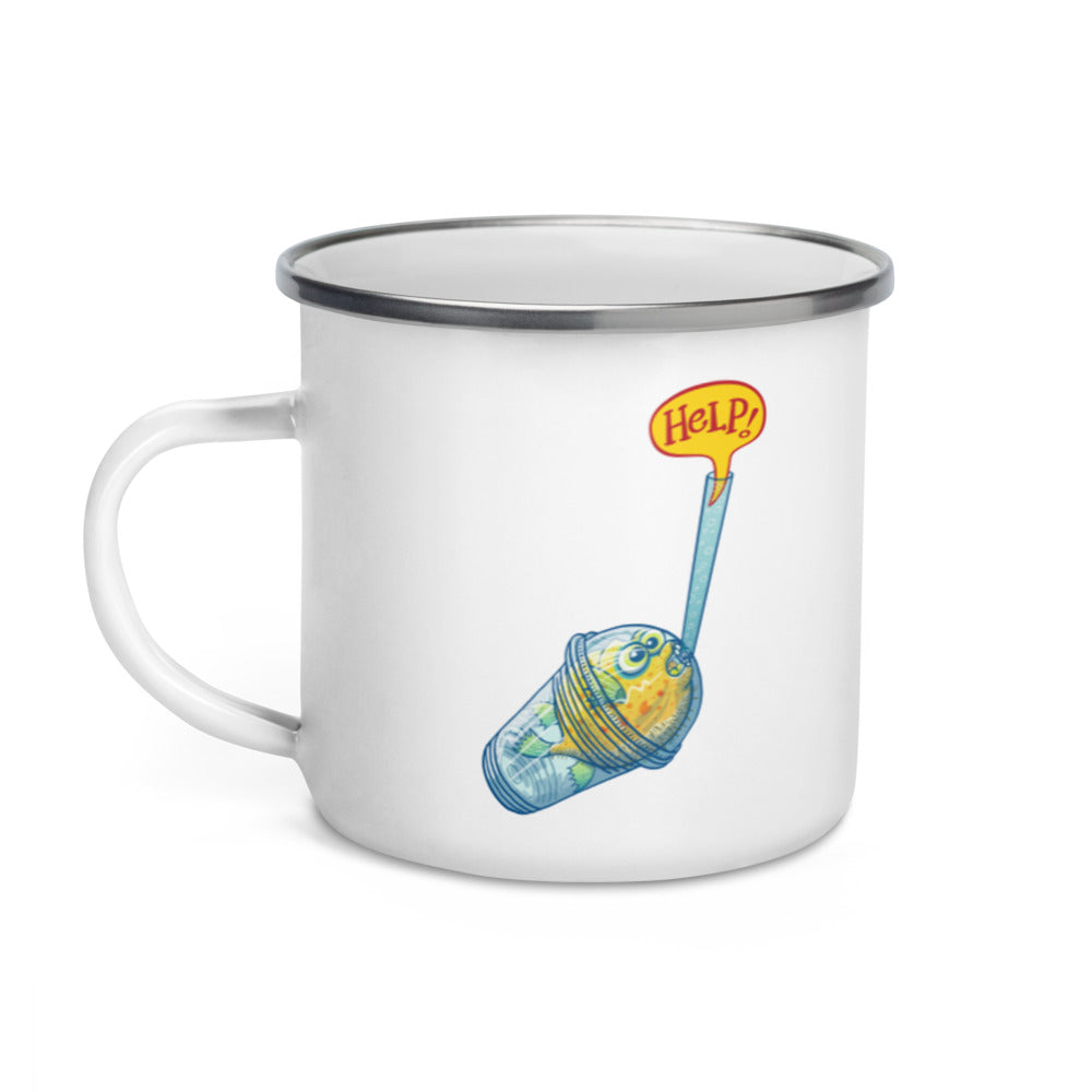 Puffer fish in trouble asking for help while trapped in a plastic bottle Enamel Mug. 12 oz. Handle on left