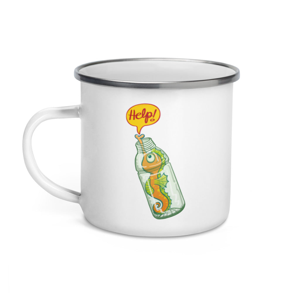 Seahorse in trouble asking for help while trapped in a plastic bottle Enamel Mug. 12 oz. Handle on left
