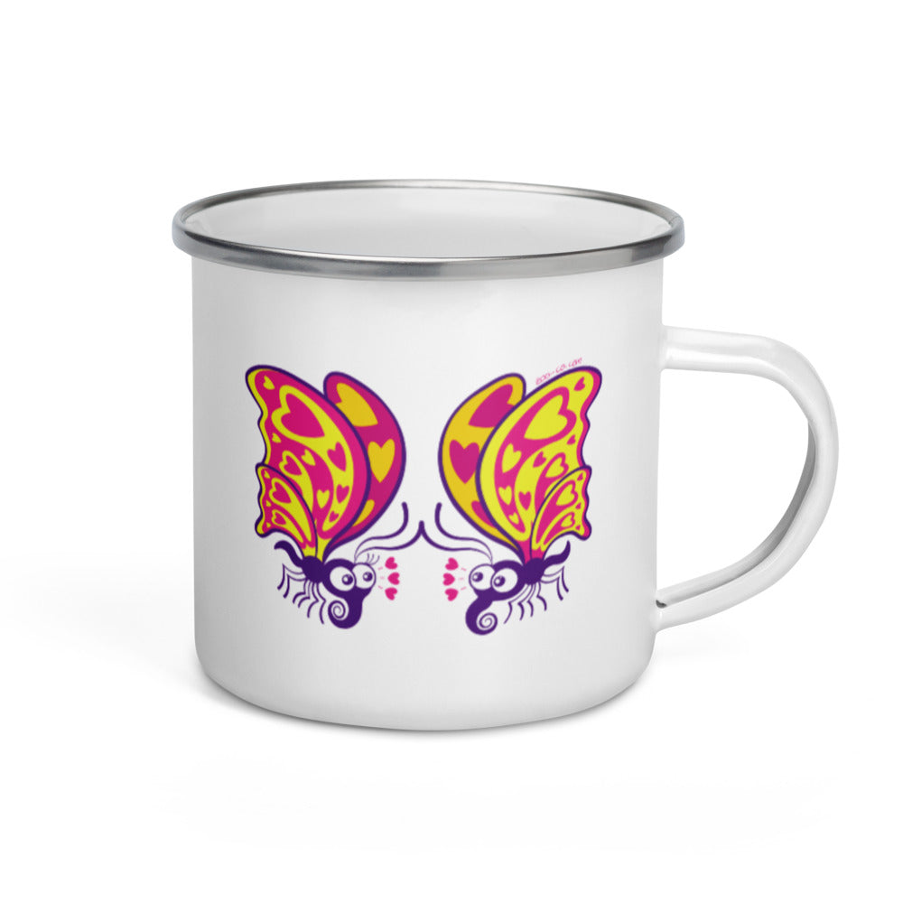 Beautiful butterflies falling in love Enamel Mug. 12 oz. Handle on right