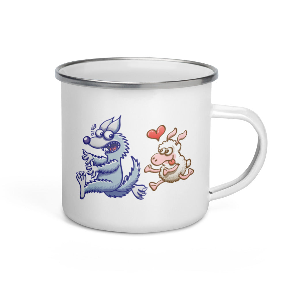 Sheep in love running after a wolf Enamel Mug. 12 oz. Handle o right