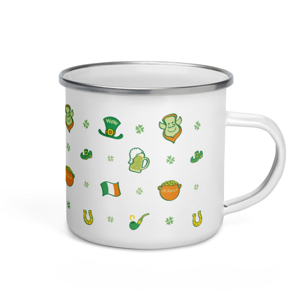 Celebrate Saint Patrick's Day in style Enamel Mug. Handle on right