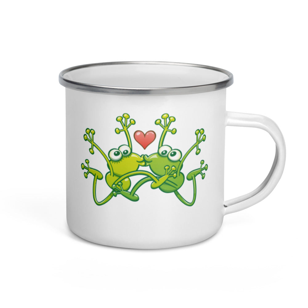 Frogs madly in love kissing sweetly Enamel Mug. 12 oz. Handle on right