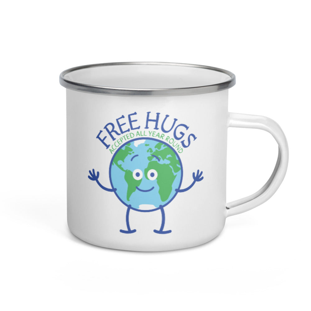 Planet Earth accepts free hugs all year round Enamel Mug. Handle on right