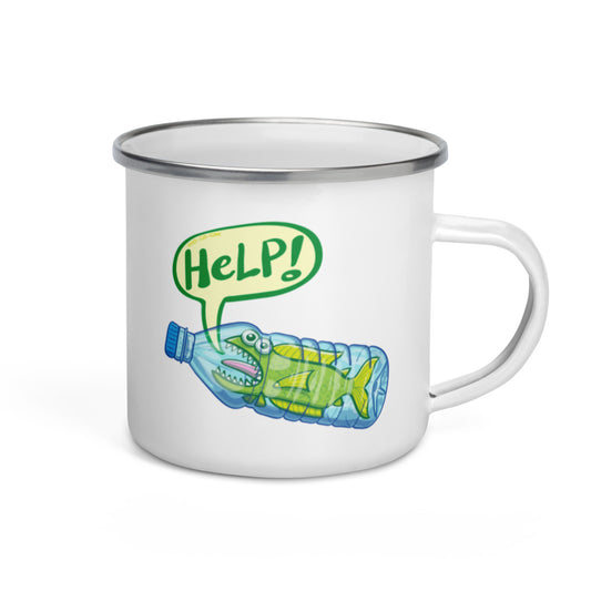 Fish in trouble asking for help while trapped in a plastic bottle Enamel Mug. 12 oz. Hold on right