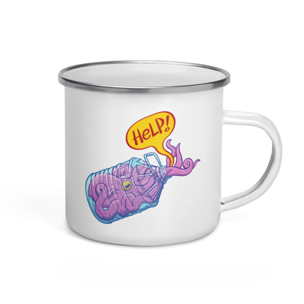 Octopus in trouble asking for help while trapped in a plastic bottle Enamel Mug. 12 oz. Handle on right