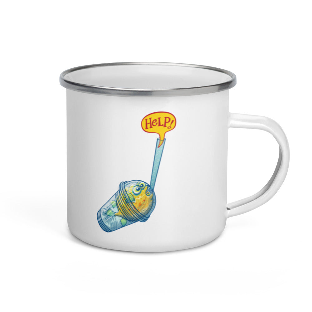 Puffer fish in trouble asking for help while trapped in a plastic bottle Enamel Mug. 12 oz. Handle on right