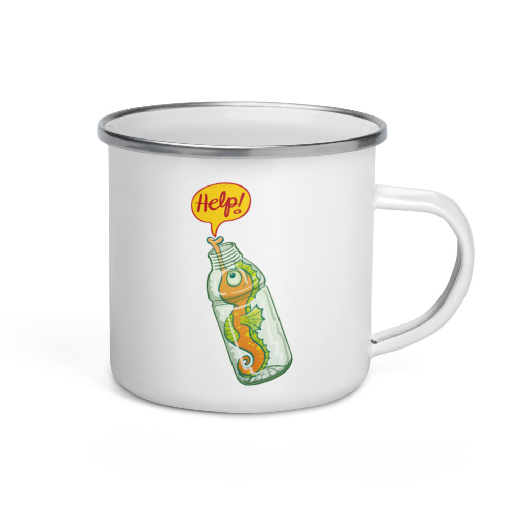 Seahorse in trouble asking for help while trapped in a plastic bottle Enamel Mug. 12 oz. Handle on right
