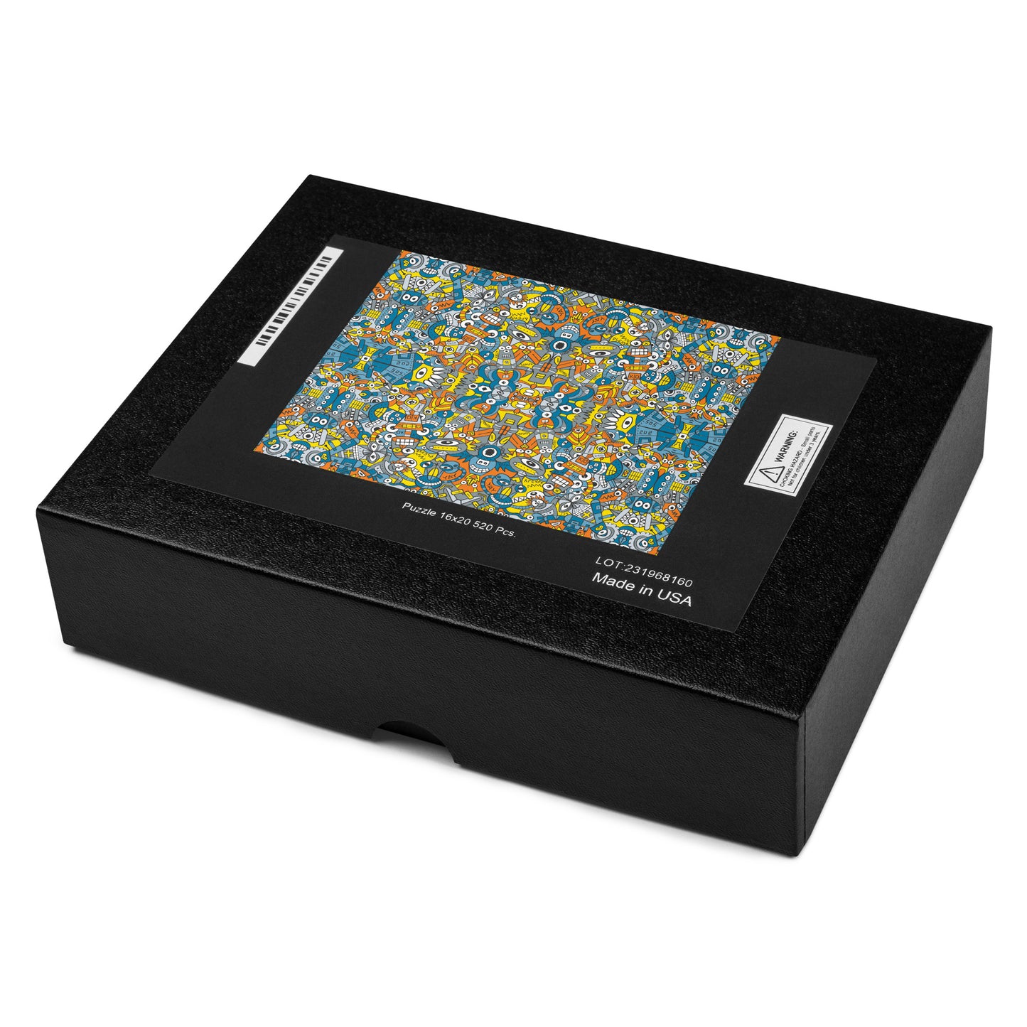 Retro robots doodle art Jigsaw puzzle. Product box