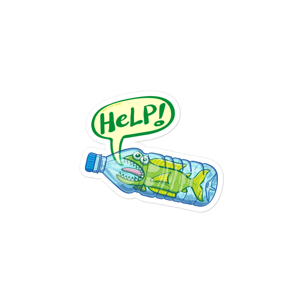 Fish in trouble asking for help while trapped in a plastic bottle Bubble-free stickers. 3 x 3
