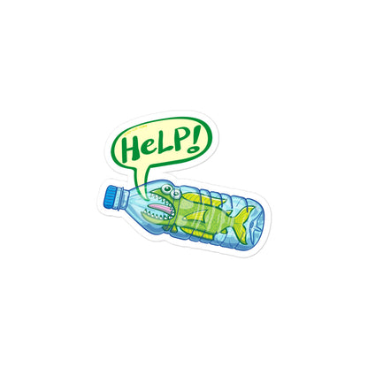 Fish in trouble asking for help while trapped in a plastic bottle Bubble-free stickers. 3 x 3