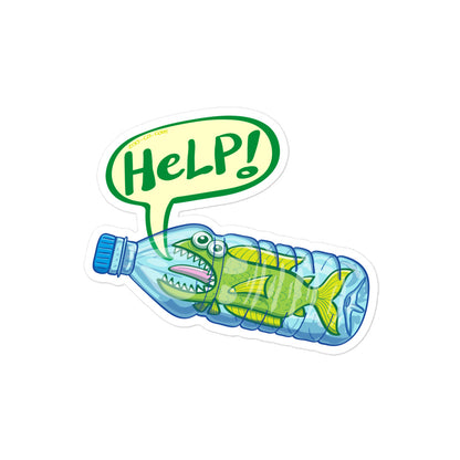 Fish in trouble asking for help while trapped in a plastic bottle Bubble-free stickers. 4 x 4