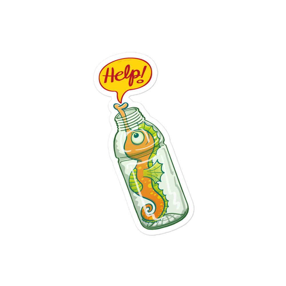 Seahorse in trouble asking for help while trapped in a plastic bottle Bubble-free stickers. 4 x 4