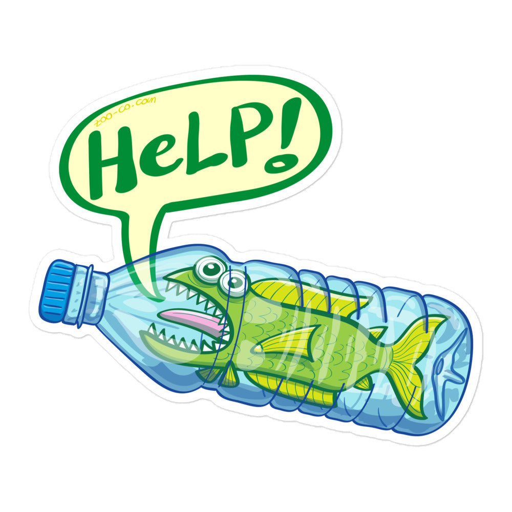 Fish in trouble asking for help while trapped in a plastic bottle Bubble-free stickers. 5.5 x 5.5