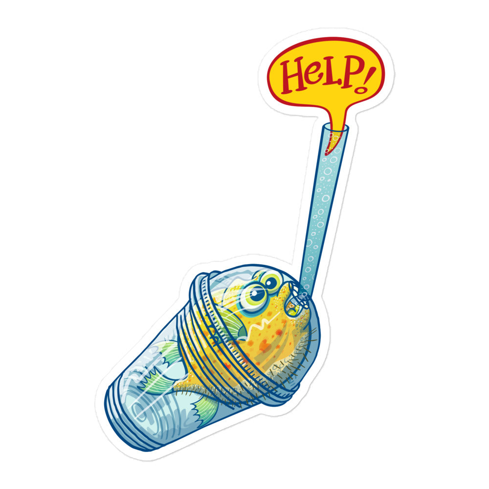 Pufferfish in trouble asking for help while trapped in a plastic glass Bubble-free stickers. 5.5 x 5.5
