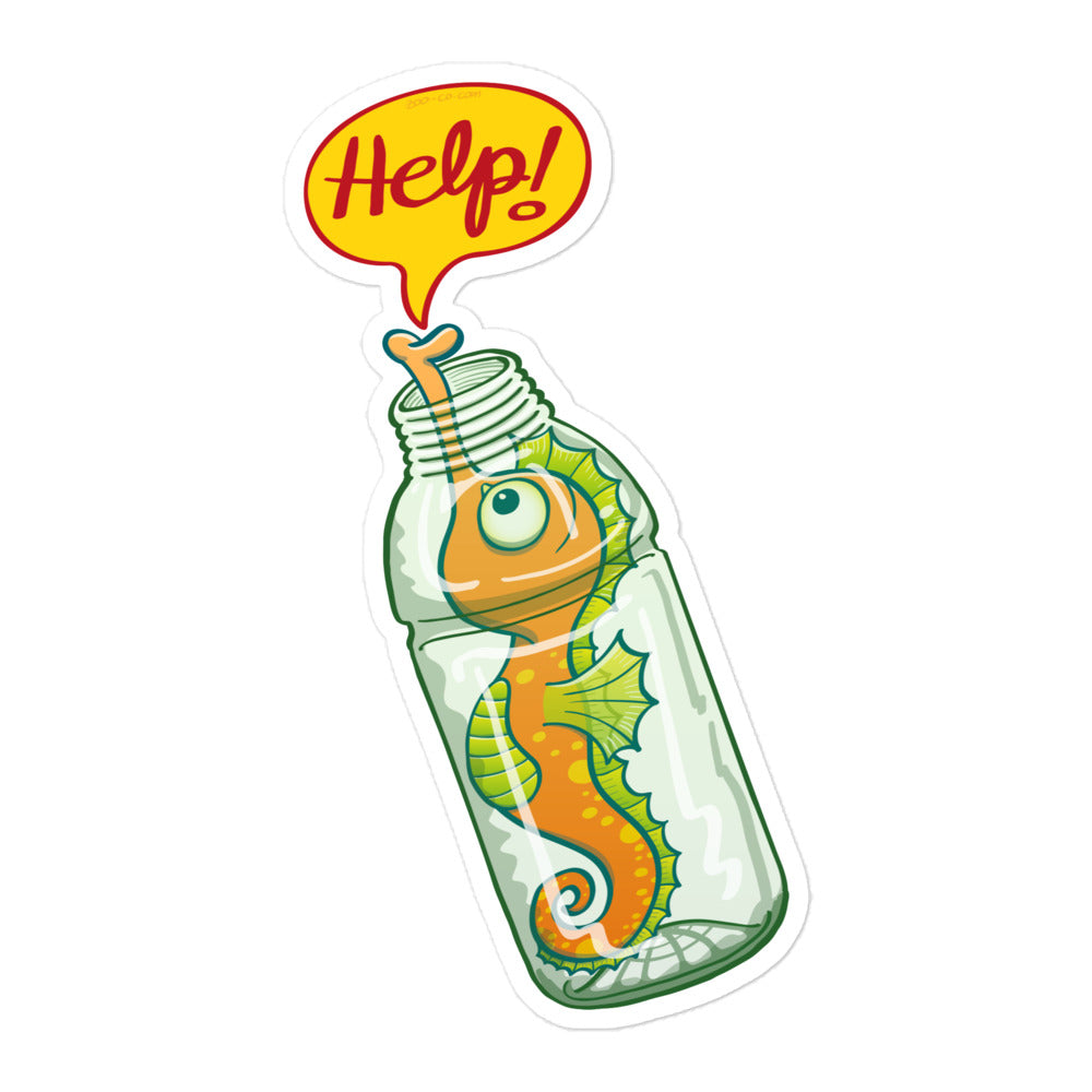 Seahorse in trouble asking for help while trapped in a plastic bottle Bubble-free stickers. 5.5 x 5.5