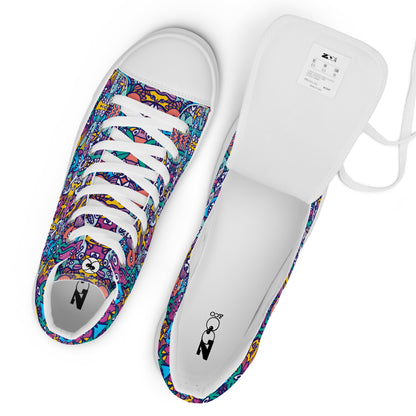 Whimsical design featuring multicolor critters from another world Men’s high top canvas shoes. Zoo&co branded shoes
