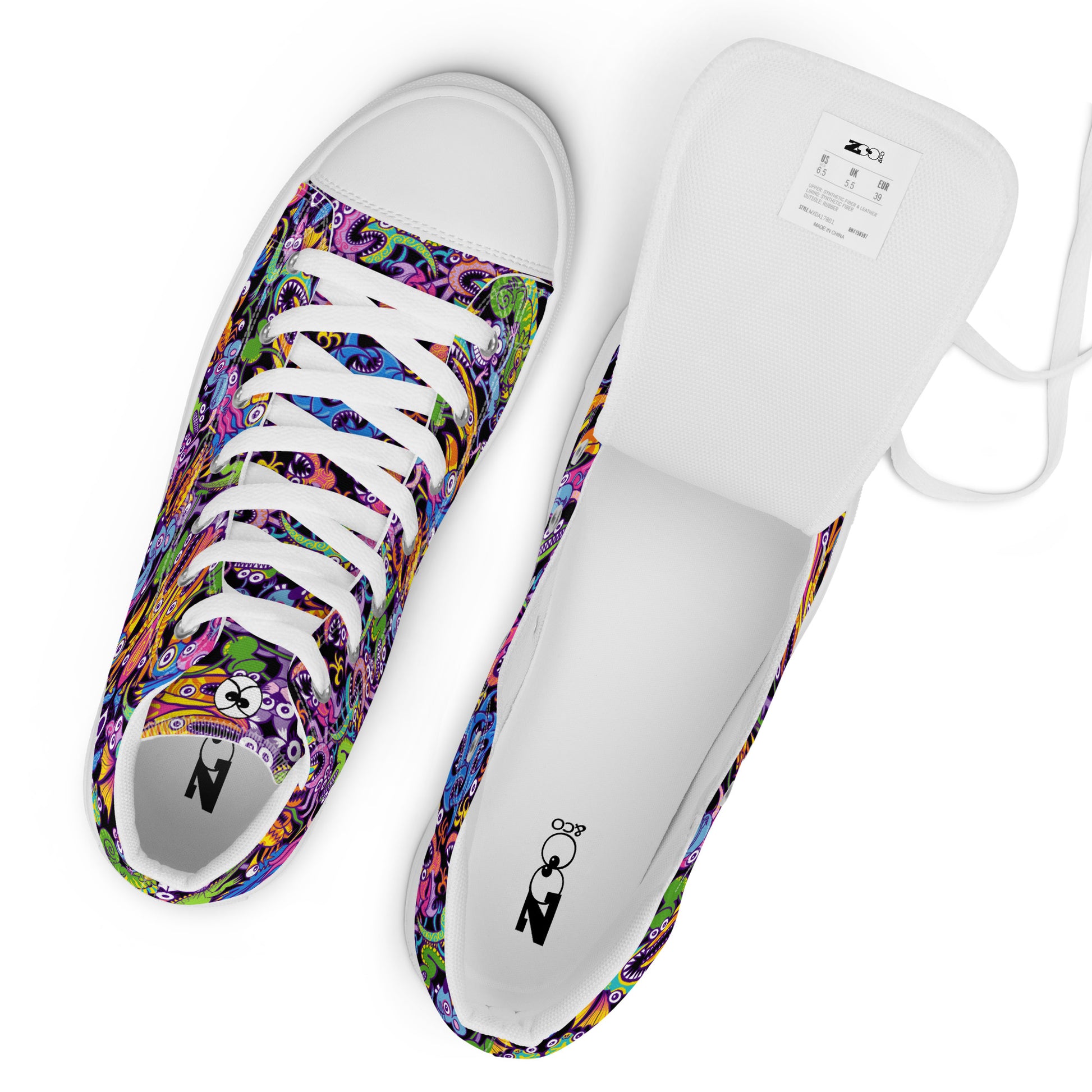 Eccentric critters in a lively crazy festival Men’s high top canvas shoes. Zoo&co branded shoes