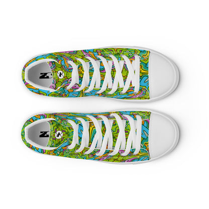 To keep calm and doodle is more than just doodling Men’s high top canvas shoes. Top view. Zoo&co branded shoes