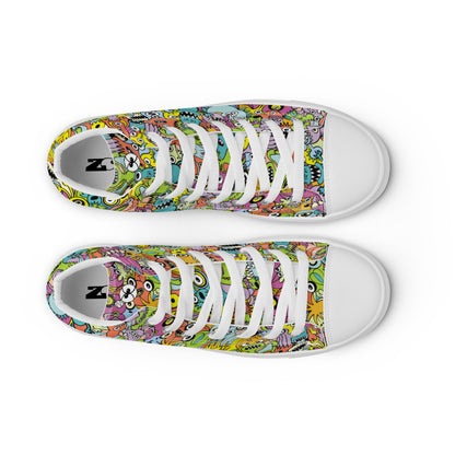 Funny monsters fighting for the best spot for a pattern design Men’s high top canvas shoes. Top view