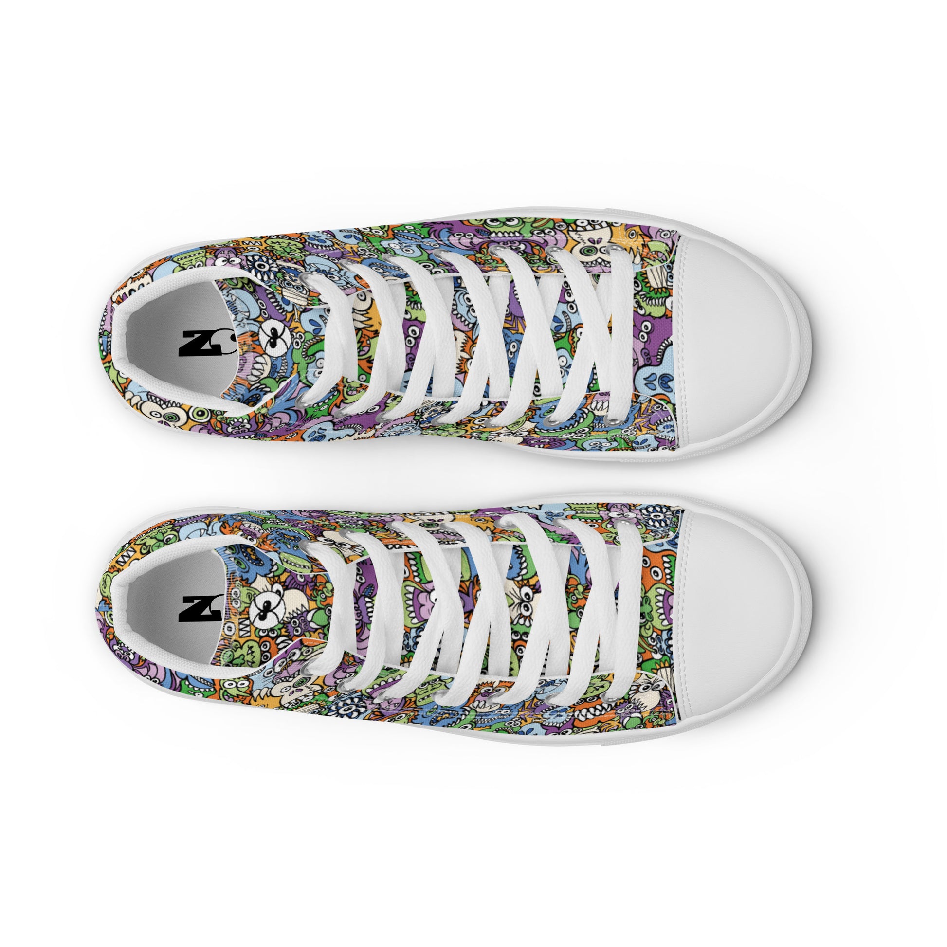 All the spooky Halloween monsters in a pattern design Men’s high top canvas shoes. Top view