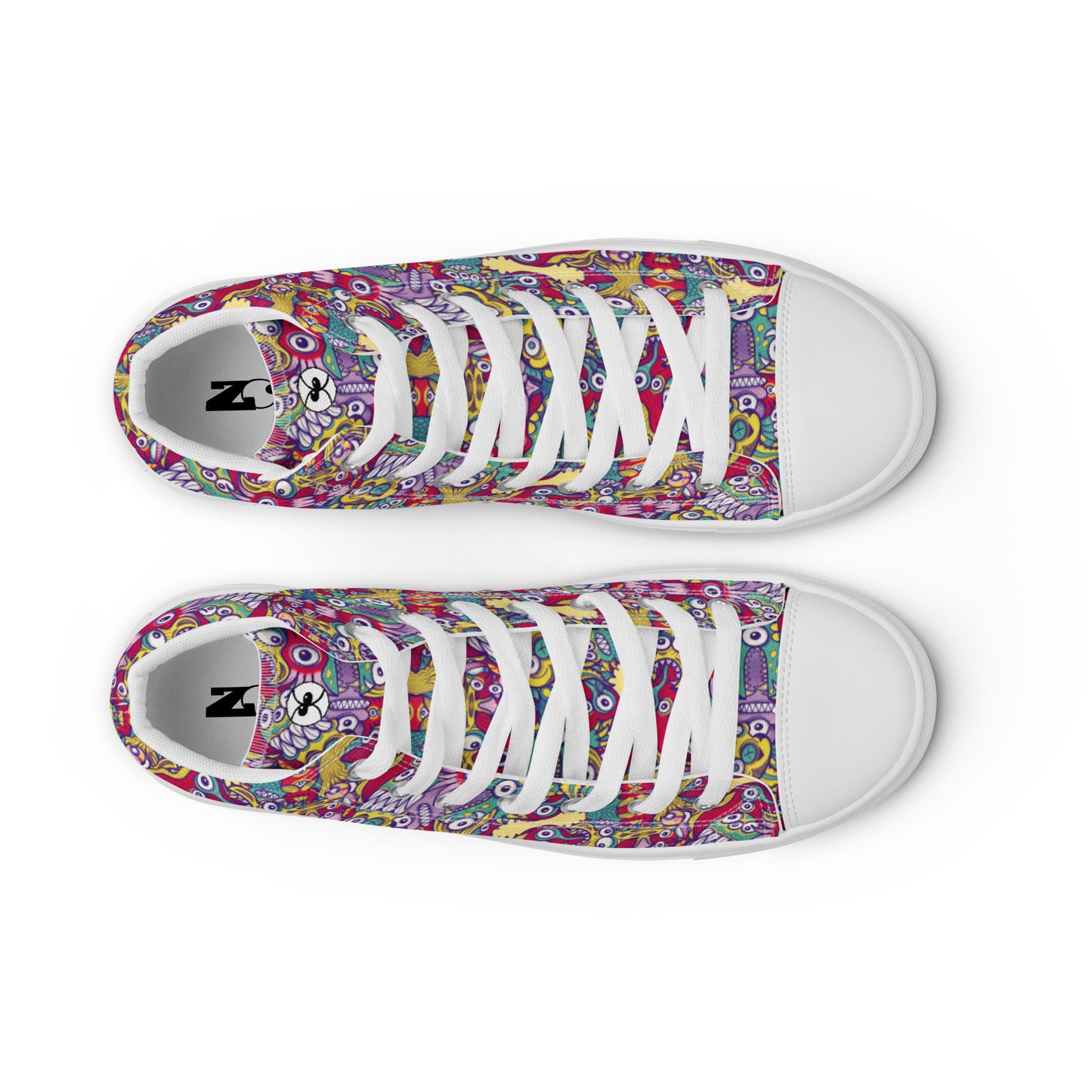 Exquisite corpse of doodles in a pattern design Men’s high top canvas shoes. Top view