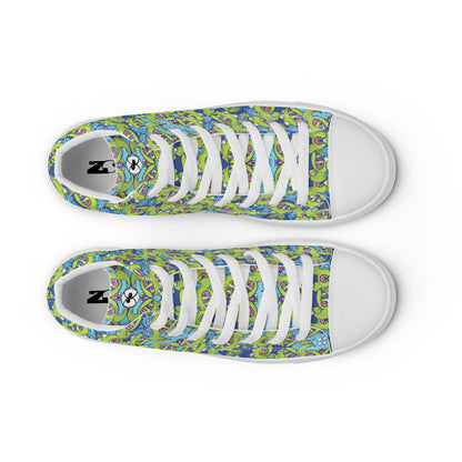 Winged little blue monster pattern art Men’s high top canvas shoes. Top view