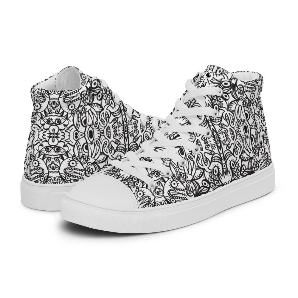 Brush style doodle critters Men’s high top canvas shoes. Main view