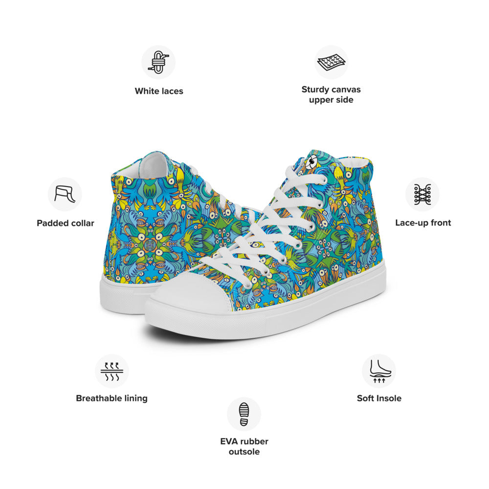 Exotic birds tropical pattern Men’s high top canvas shoes. Product specifications