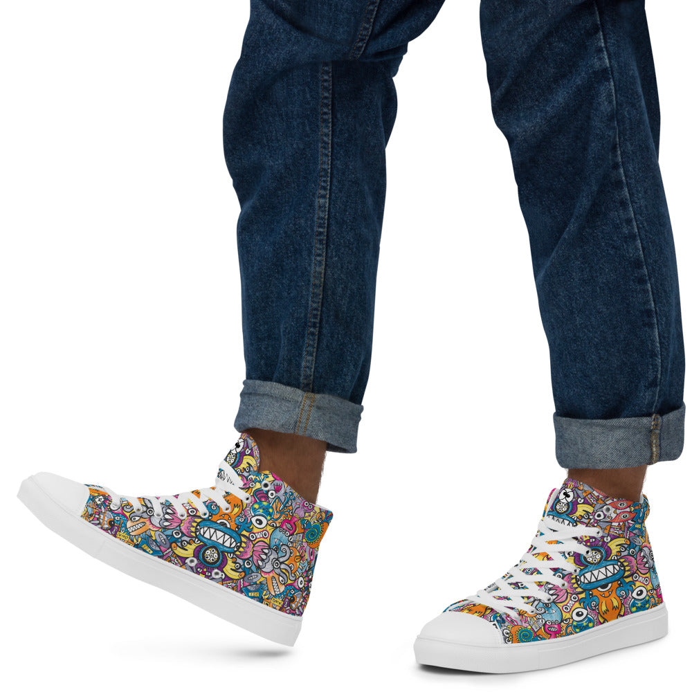 Men’s high top canvas shoes printed with Monsters vs robots ultimate battle