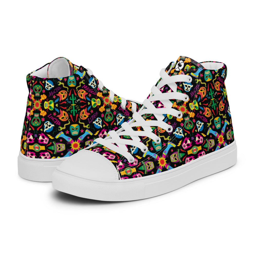 Mexican wrestling colorful party Men’s high top canvas shoes. Overview