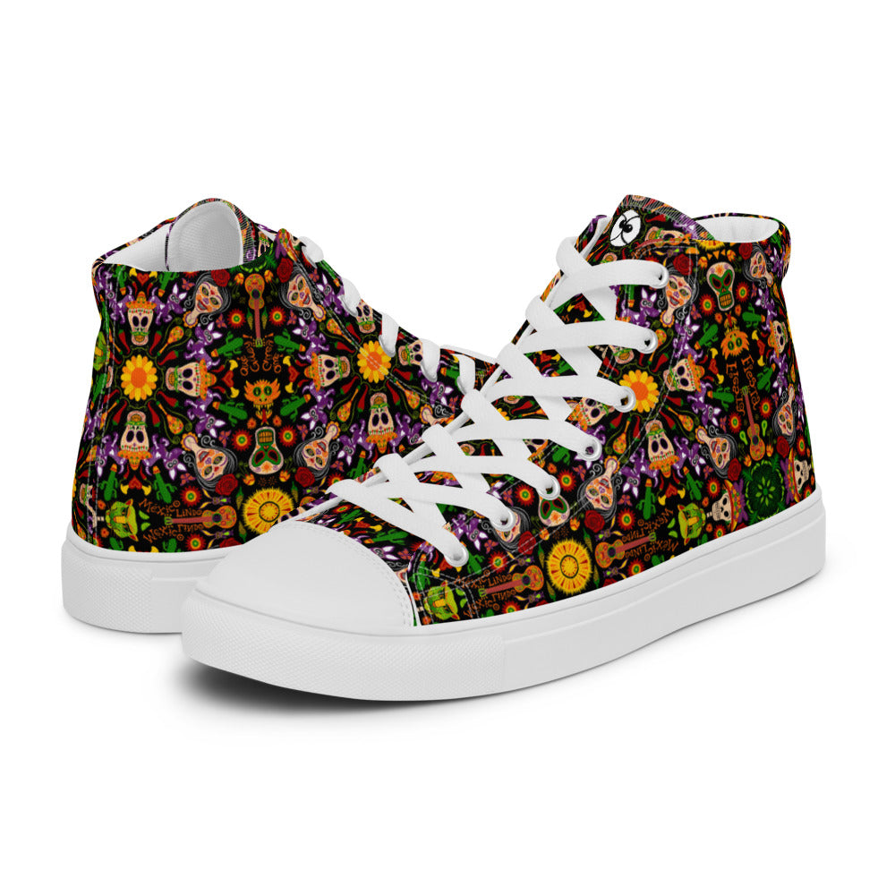 Mexican skulls celebrating the Day of the dead Men’s high top canvas shoes. Overview