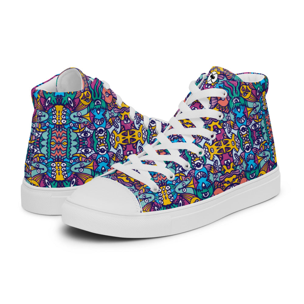 Whimsical design featuring multicolor critters from another world Men’s high top canvas shoes. Overview