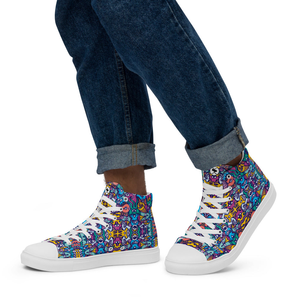 Whimsical design featuring multicolor critters from another world Men’s high top canvas shoes. Lifestyle