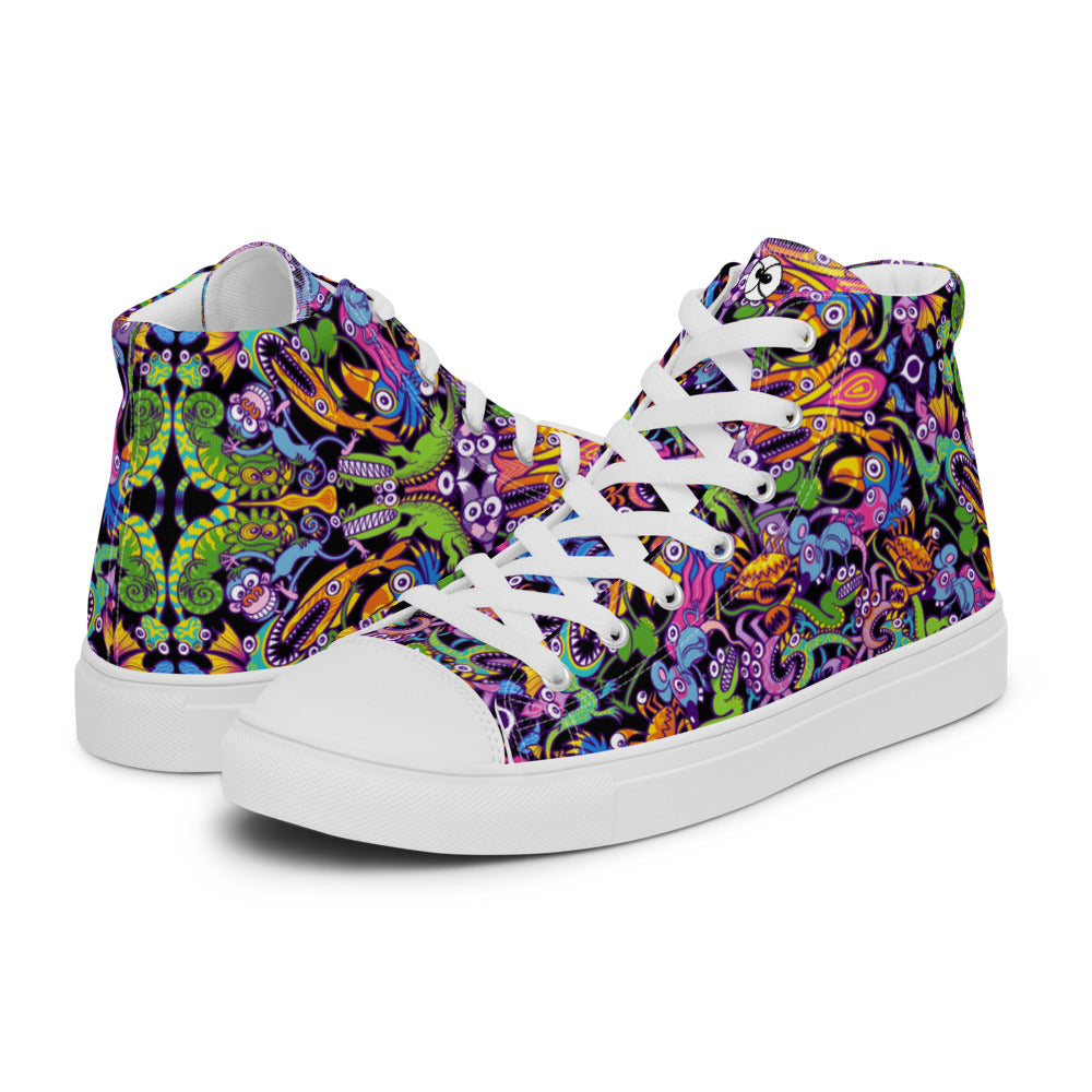 Eccentric critters in a lively crazy festival Men’s high top canvas shoes. Overview