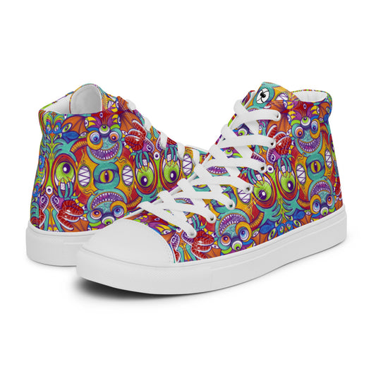 Psychedelic monsters having fun pattern design Men’s high top canvas shoes. Overview