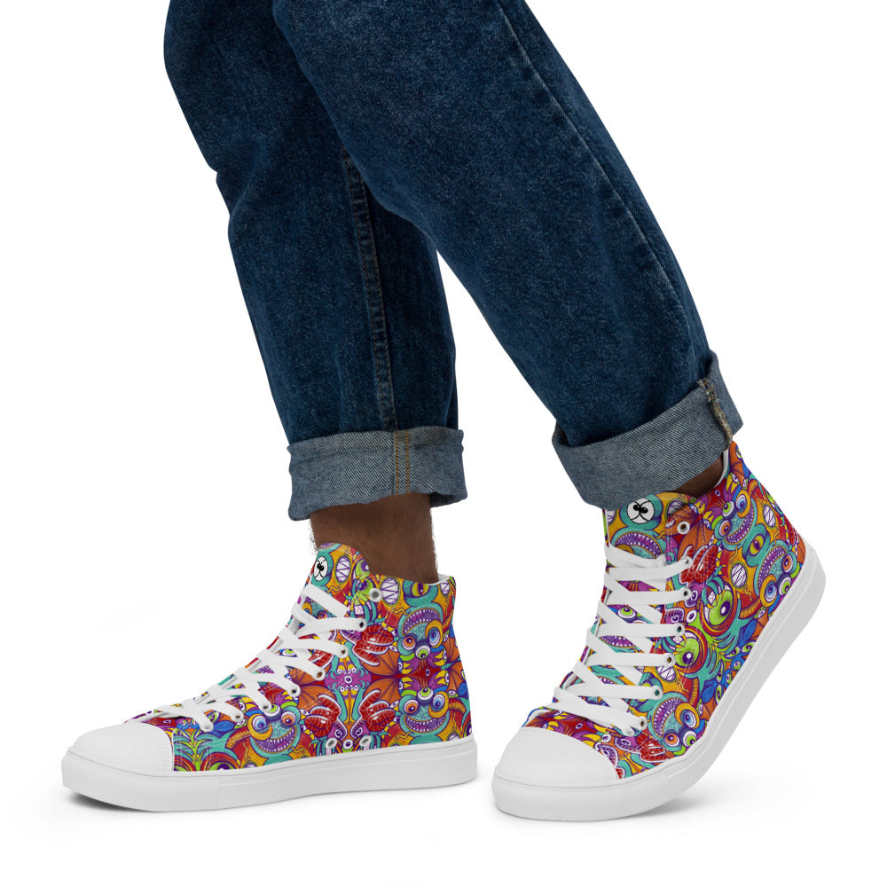 Psychedelic monsters having fun pattern design Men’s high top canvas shoes. Lifestyle