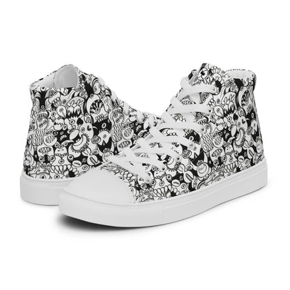 Black and white cool doodles art Men’s high top canvas shoes. Overview
