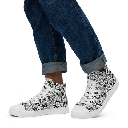 Black and white cool doodles art Men’s high top canvas shoes. Lifestyle